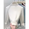 Camiseta Base de Manga Larga de Punto Suave tipo Cera Estilo Coreano Cuello Pequeño para Mujer, con Forro Polar Interior, Ajustada, Adelgazante, Venta al por Mayor Transfronteriza