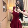 Verão Novo Estilo Puro Desejo Decote Quadrado Manga Curta Elegante Vestido Cor Pura Justo Elástico Sexy Linha A Saia Curta