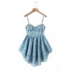 Vestido de Alcinha Azul Estampado Redutor de Idade para Meninas e Mulheres Verão 2024 Estilo Francês Amarração na Cintura Saia Shaggy