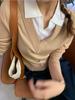 Design Estiloso! Suéter Solto de Lã + Seda com Gola Polo Falso Duas Peças Tricô para Mulheres Outono 23 Novo