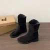 Botines de gamuza estilo western para mujer, nuevos botines de mezclilla otoño 2026, botines Martin plisados ajustados retro hasta la pantorrilla