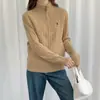 Suéter feminino de malha macio e aconchegante 100% lã pura para primavera e outono, suéter de manga longa com meio zíper, suéter de lã trançada versátil de cor sólida