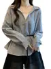 Camisa Elegante Falsa de Duas Peças com Gola e Manga Longa para Mulheres, Outono 2026 Corte Solto Afinando Cintura Top A10298