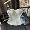 Top de tirantes strapless con encaje de rosa a rayas azules y blancas para mujer