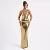 Vestido Feminino Elegante de Cor Sólida com Gola Halter, Caimento Fluido, Costas Abertas e Brilhante, Nova Moda Outono 2025