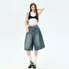 26 shorts vintage azules de mujer estilo americano de longitud media, pantalones anchos relajados de verano unisex, admite dropshipping