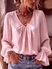 Camisa versátil de manga larga para mujer, color liso, cuello en V plisado, elegante y holgada, para uso transfronterizo europeo y americano, 2026, directamente de fábrica