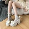 Mocassins de salto alto com arco estilo francês feminino 2024 Nova moda para todos os jogos cinto de fivela de salto grosso Mary Jane Shoes