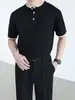 Conjunto de Dos Piezas de Punto de Verano Camisa Polo con Botones tipo Henry Camiseta de Manga Corta Cuello Redondo Transpirable Camisa Base Top para Hombre