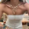 Colar Europeu Retrô de Múltiplas Camadas com Diamantes Coloridos e Pérolas, Pingente de Concha e Estrela-do-Mar com Tema Oceânico, Corrente em Y Acessórios Hot Girl