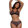 Conjunto Íntimo Sexy Estampa de Leopardo Decote em V Profundo Taça Triângulo para Mulheres Sutiã Sem Aro Conjunto de Sutiã e Íntimos para Exportação 1178