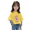 Camiseta de Algodão Puro de Manga Longa para Meninas, Estilo Primavera e Outono, Roupa de Primavera Infantil, Camiseta Base Estilo Falso Duas Peças com Patchwork, Blusa Estilosa para Meninas Pequenas