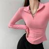 Camiseta Atacado Transfronteiriço Estilo Puro e Sexy Cintura Formato de Formiga Gola Lapela, Corte Justo, Elegante e Sexy, Barra Curva Manga Longa
