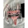 Conjunto de Lencería Rosa de Tres Piezas con Rosa Tridimensional, Conjunto de Sujetador y Tanga Calados, Lencería Sexy al por Mayor en Stock