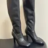 Botas altas retro de cuero genuino transfronterizas para mujer, punta en forma de C, hebilla de color contrastante, cremallera trasera, tacón de aguja, zapatos de talla grande para mujer para exportación