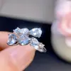 Anel de Água-Marinha Natural com Pedra Principal de Cristal Transparente 3*4mm, Montado em Prata 925, Processo de Galvanoplastia em Ouro Branco