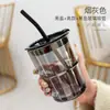 Taza de café de vidrio de alto valor estilo Ins, taza de oficina, taza para sorber para el hogar, taza de bambú para beber leche