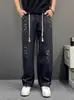 Jeans de Diseño Exclusivo con Estampado de Salpicaduras y Cordón en la Cintura, Rayas Grises, Pantalones Casuales Holgados Rectos de Calle Alta Americana para Primavera y Otoño