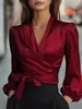 Em Estoque Comércio Transfronteiriço Europeu e Americano Amazon Primavera e Outono Novo Top Feminino Elegante de Cetim com Decote V e Amarração na Cintura