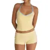 Conjunto de Duas Peças com Top Regata Decote V com Detalhe Colorido e Amarração no Pescoço + Shorts de Cintura Baixa com Punho, Roupa de Estilo Sexy Esportivo para Meninas Descoladas