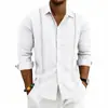 Camisa Masculina de Linho Respirável Amazon para Primavera e Outono com Design Vintage de Recorte Lateral, Gola Reversível, Manga Longa, Top Casual