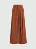 Pantalones de traje casual de pierna recta de cintura alta, estilo holgado y relajado, línea A marrón, tacto de alta gama, pantalones de pierna ancha para petite