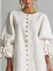 Vestido de algodón y lino estilo francés con mangas de flor tridimensional tipo farol, cuello redondo, de un solo pecho, corte holgado, favorecedor y perfecto para unas vacaciones