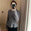 Abrigo suéter de punto brillante de manga larga, estilo coreano con cuello polo, estilo francés ajustado, de doble botonadura