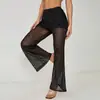 060148 Calça Flare Preta Sexy de Renda Perfurada em Seda Leite Transparente Emagrecedora Estilo Hot Girl Estilo Boate Calça Longa