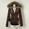 Sudadera Marrón Adelgazante Chica Atrevida Sudadera con Capucha Cardigan Chaqueta Retro Millennium Y2K Cuello Grande de Piel Bordado de Tótem