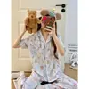 Pijama de Algodón Nube para Mujer, Verano Lindo Conejo de Dibujos Animados Manga Corta Pantalón Largo, Talla Grande Holgado Conjunto de Hogar de Verano