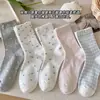 Meias femininas de algodão puro para o verão com laço, até a panturrilha, meias xadrez estilo ballet para maternidade, até a panturrilha, meias folgadas antibacterianas e absorventes de suor para o outono