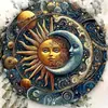 Letrero redondo de hojalata con efecto vidriera vintage con sol, luna, flores, pájaros y paisaje, pintura decorativa patriótica en placa de aluminio y hojalata para comercio transfronterizo