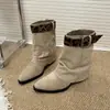Botas Altas de Tacón de Cuña para Mujer 2026 Nuevas Otoño Invierno Pantalón Botas Estampado de Leopardo Punta Fina Hebilla Botas Altas para Mujeres Pequeñas