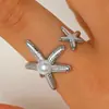 Conjunto de Anéis Abertos de Pérola Estilo Oceano Europeu e Americano, Anéis Vintage de Estrela e Lua, Concha, Estrela-do-Mar, Joias Empilháveis Personalizadas