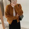 Abrigo Suéter Trenzado con Botones de Cuerno Vintage Otoño e Invierno Nuevo Color Sólido Versátil Ajustado Cuello Redondo Cárdigan Corto de Punto para Mujer