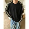 Camiseta de Manga Larga Estilo Adolescente Perezoso Americano para Hombre, Sudadera de Otoño de Peso Pesado con Cuello Pequeño y Bloques de Color a Rayas de Hilo Doble