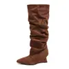 Botas Longas Femininas Suede Retro Plissadas Bico Fino Outono 2026 Novas Tamanho Plus Calce Fácil Salto Anabela Acima do Joelho Wish