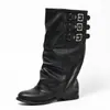 Botas de media caña populares europeas y americanas de punta redonda con plataforma, botas de pierna de pantalón de verano plisadas con hebilla de tres capas, botas de mujer para commuting de primavera y otoño