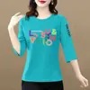 Camiseta feminina de comércio exterior transfronteiriço para senhoras de meia-idade e idosas, modelagem solta, afina a silhueta, blusa de manga três quartos, camiseta casual feminina com gola redonda