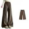 Calça Wide Leg Marrom Chocolate de Cintura Alta para Mulheres, Cós Largo com Botão Duplo, Calça de Caimento Longa, Roupa Casual Emagrecedora para Primavera e Outono