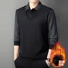 Férias de Outono e Inverno Conjunto de Duas Peças Veludo Espessado Elegante Camisas Polo Masculinas para Meia-Idade e Idosos Suéteres Quentes Suéteres Masculinos com Gola
