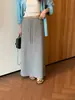 Saia Longa de Malha Cinza Feminina Outono Inverno Cordão Cintura Alta Reta Fenda Linha A Quadril Saia Longa Super Bonita
