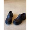 Mocassins Britânicos de Solado Grosso para Aumento com Bico Redondo e Velcro para Mulheres Sapatos Pequenos de Couro Preto Retrô