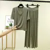 Conjunto Moda Verão Feminino Malha Modal Casual Calça de Perna Larga Fina Solta Tamanho Plus Size Patchwork Camiseta Manga Três Quartos Decote V