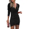 Vestido Bodycon de Cor Sólida com Decote V e Manga Longa 2026 para Afinar a Cintura Estilo Étnico Vestido para Boate Vestido de Início de Outono Feminino