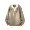 Nuevo suéter de moda para hombre de otoño e invierno con cuello de color contrastante, diseño de dos piezas simulado, talla grande, corte holgado, engrosado, tejido casual