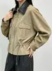 Chaqueta corta de gamuza con bloques de color y patchwork dulce estilo francés, con cuello camisero para mujer, estilo otoño, talla petite, chaqueta con cintura de cordón