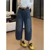 Jeans Cropped Azul Retrô Plus Size para Mulheres, Primavera e Outono, para Figuras Curvilíneas Petites, Calça Reta de Perna Larga Solta de Cintura Alta Emagrecedora