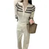 Top de punto a rayas con bloques de color estilo coreano, cuello polo, manga larga para mujer, estilo elegante de ajuste ceñido para principios de otoño, con cuello camisero